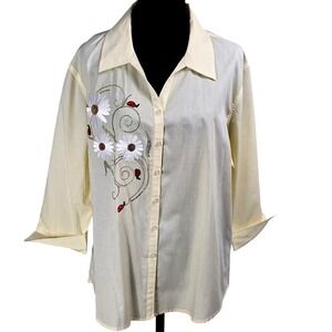 Tia Designs Womens Button Down XL Yellow Striped Ladybug Daisy‎ Embellished VNTG